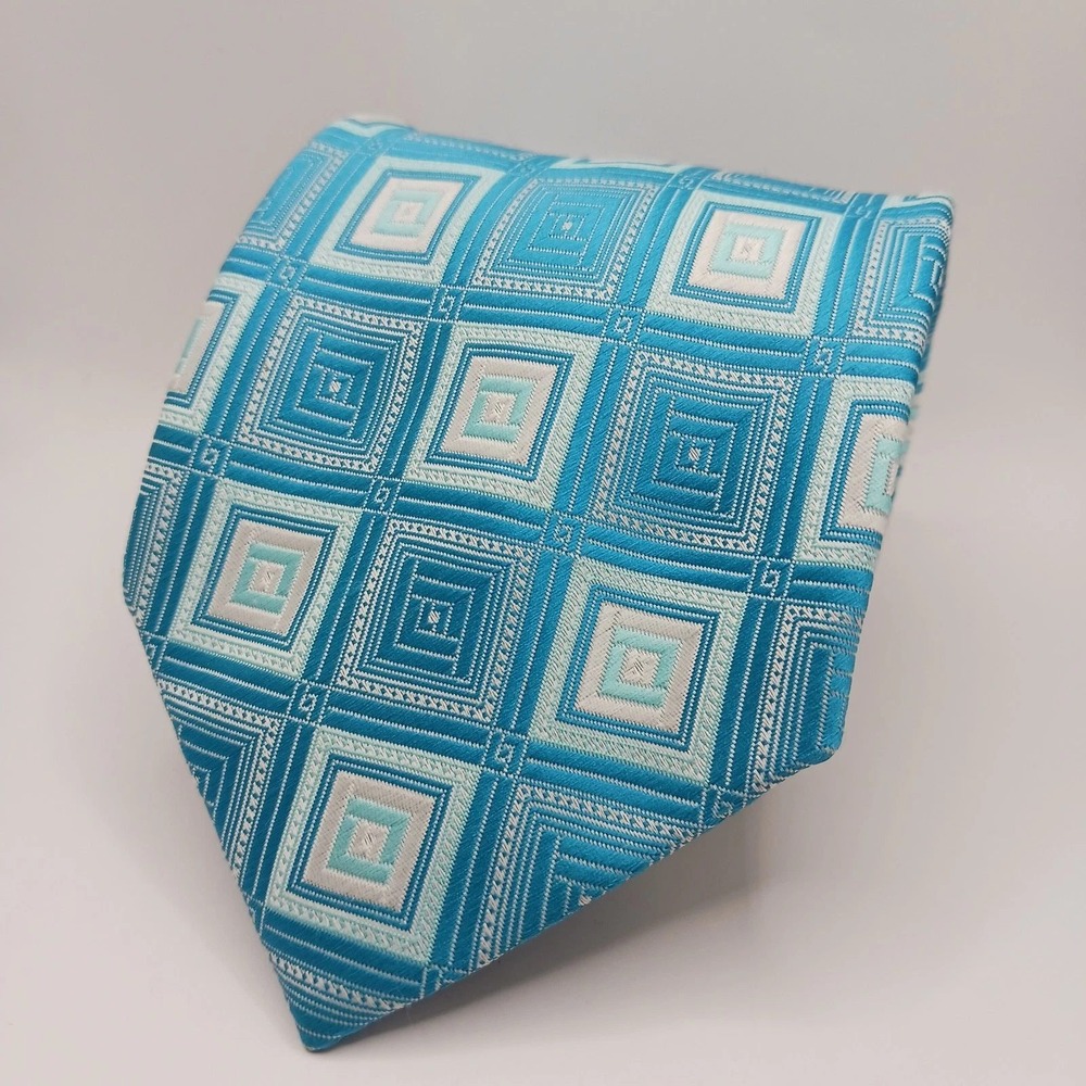 Daniel Ellissa New York Mens Tie Blue Teal Geometric Square Pattern Woven Formal